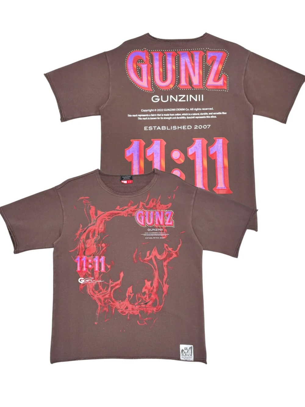 GUNZINII Brown 11:11 Tee Raw Hem Heavyweight Style No GZ690 Size Small Oversized